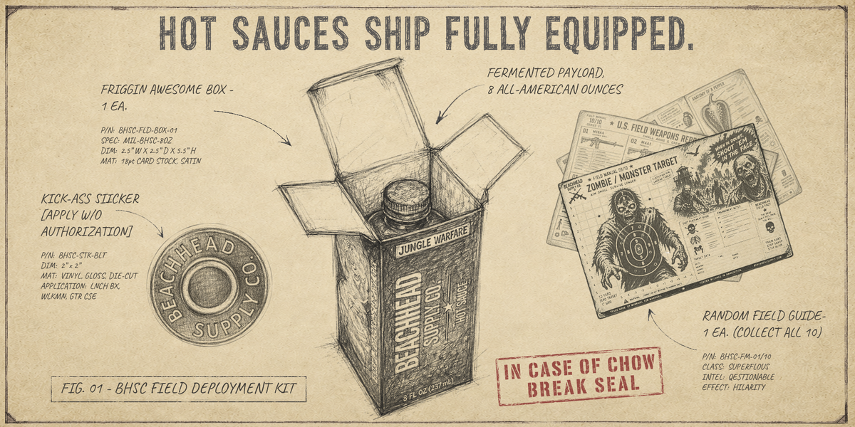 Pencil schematic showing what ships with every Beachhead hot sauce bottle